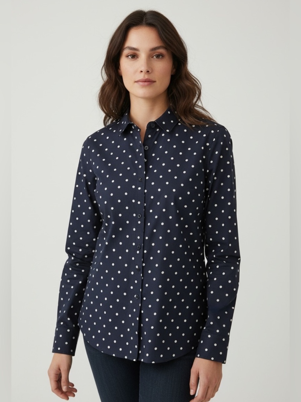 TOMMY HILFIGER ladies XL 100% cotton long sleeve navy with white polkadot shirt